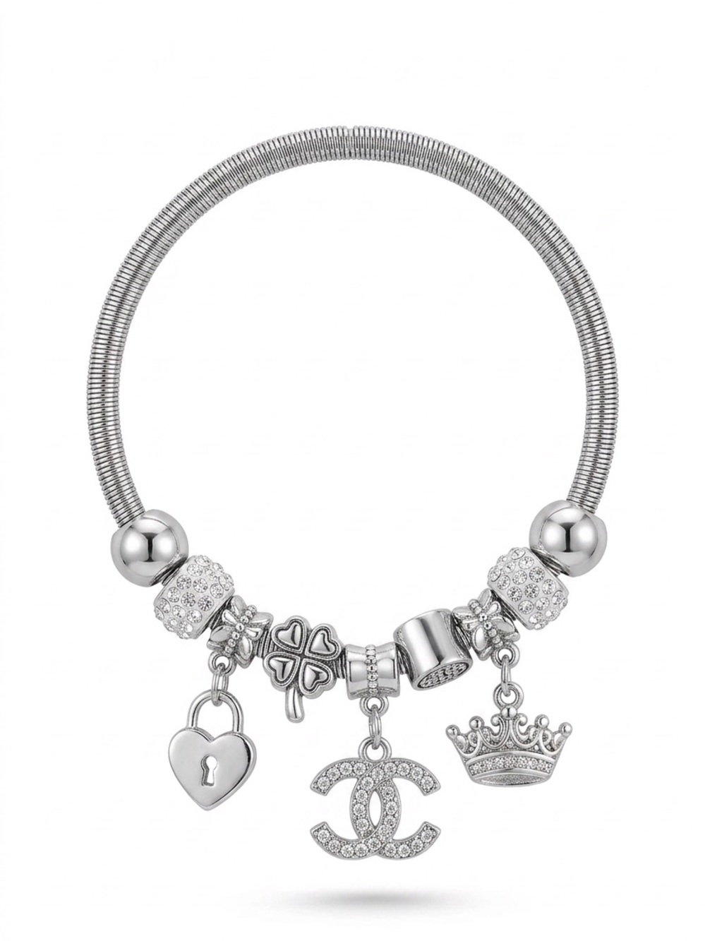 Silver Charm Bracelet with Heart, Clover, Crown & Interlocking Logo Charms